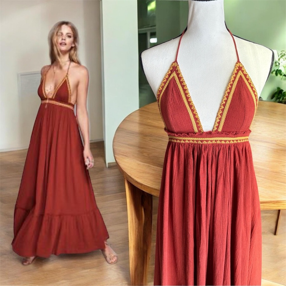 Free People Terracotta and Mustard Maxi Dress XS